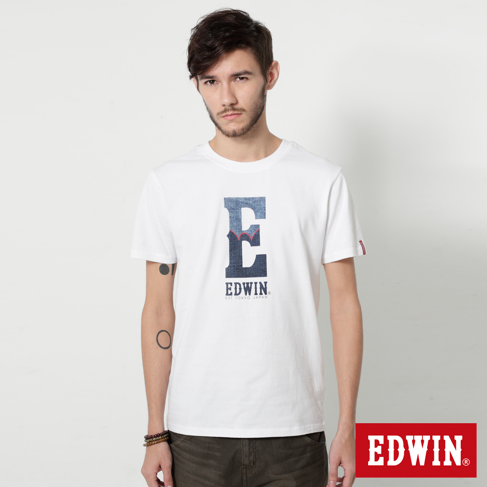 EDWIN 雙色拼接E字短袖T恤-男-白色