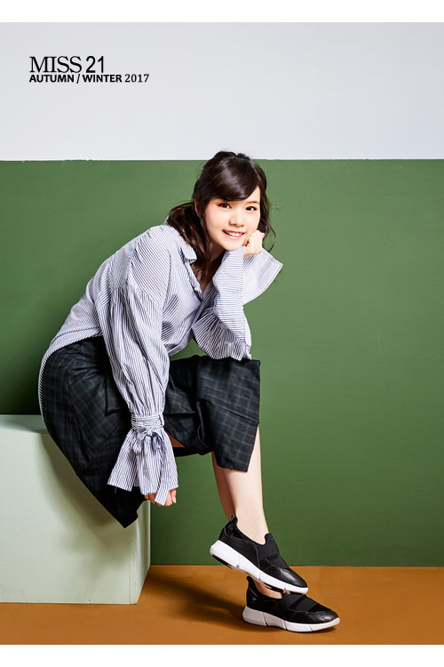 休閒鞋 MISS 21 超個性運動風金蔥絲布拼接真皮厚底休閒鞋－黑