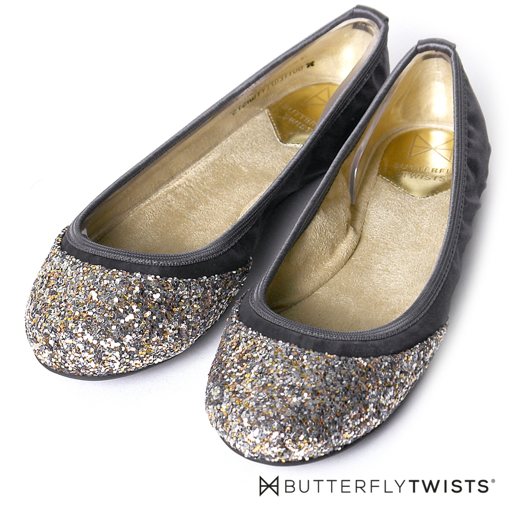 BUTTERFLY TWISTS-綢緞面亮片金蔥記憶軟墊平底鞋-灰