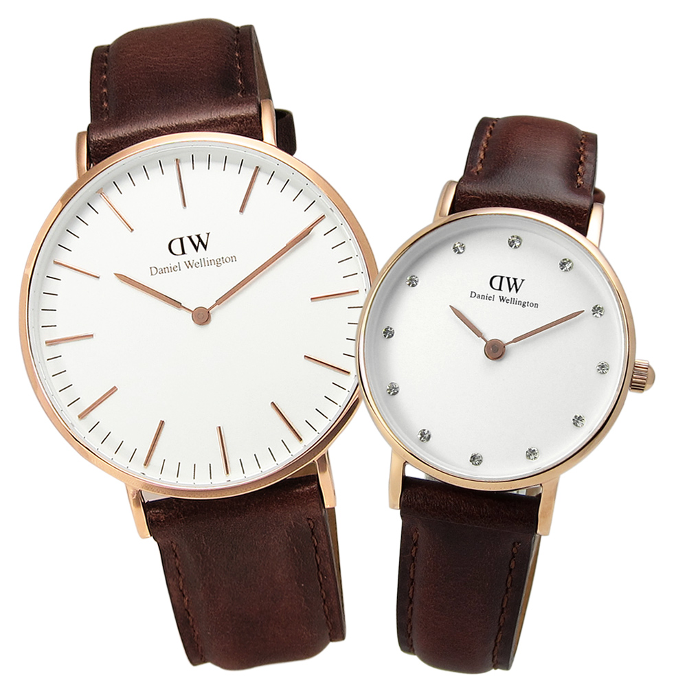 DW Daniel Wellington 聖安德魯真皮腕錶-白x玫瑰金/40mm+26mm