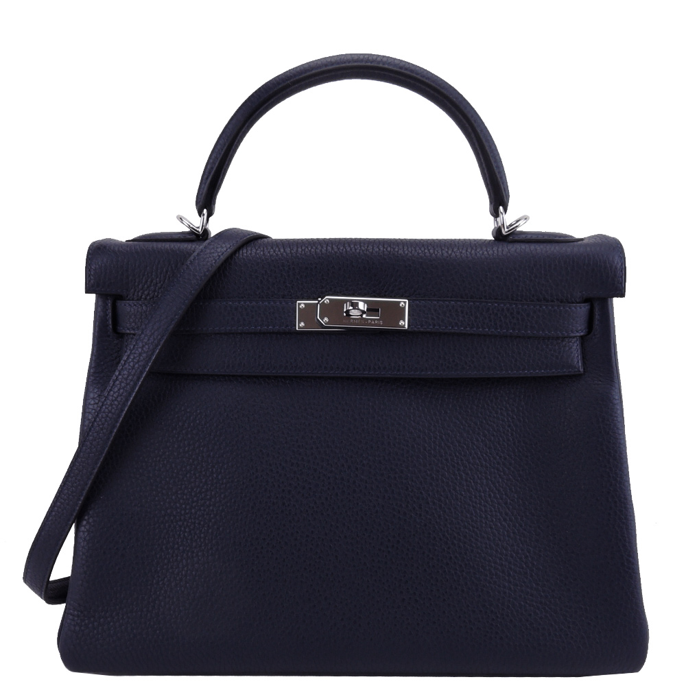 HERMES KELLY 32 TC牛皮手提/肩背凱莉包(銀釦/深藍22/32CM)