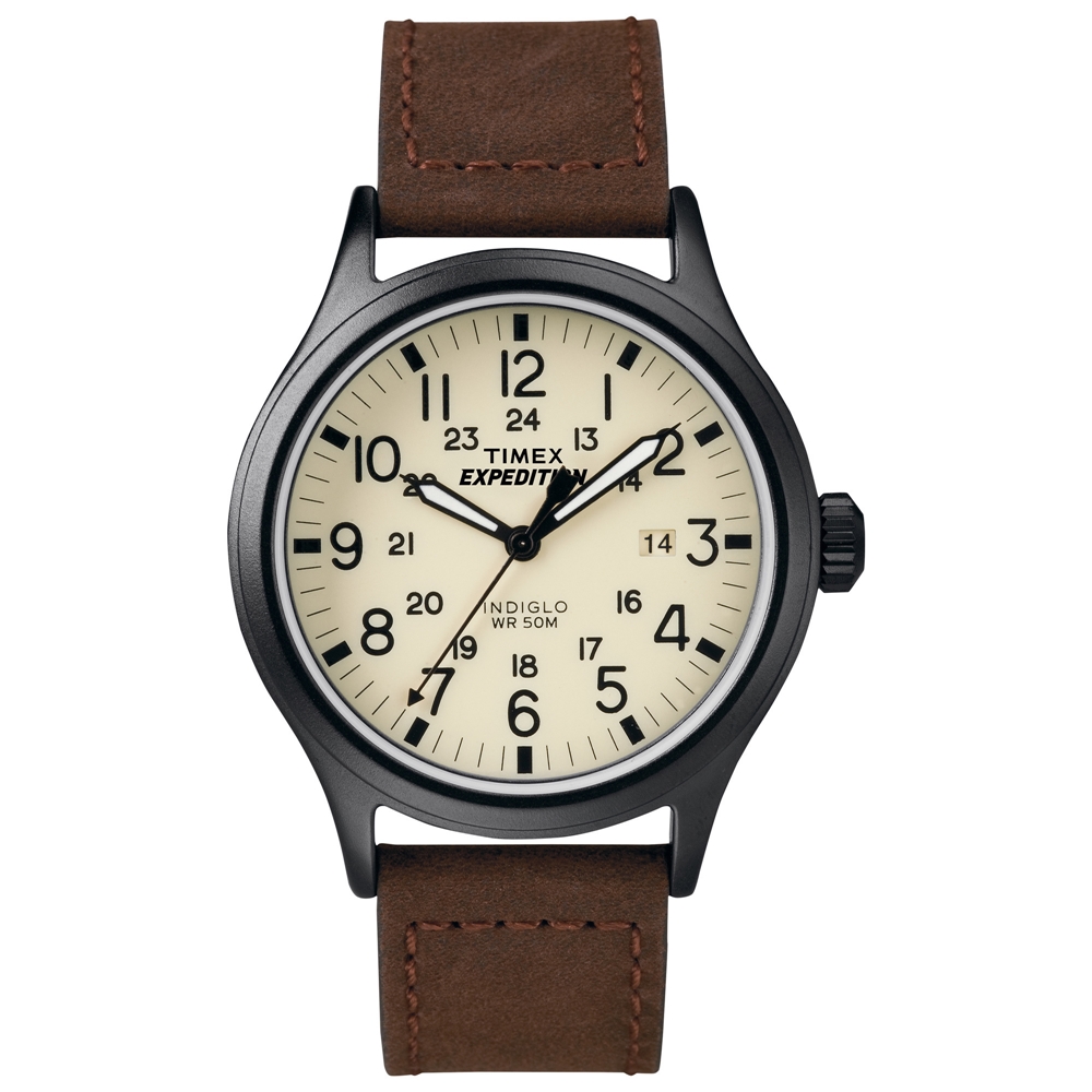 TIMEX Expedition超越巔峰登山探險腕錶-米白面x咖啡錶帶/40mm