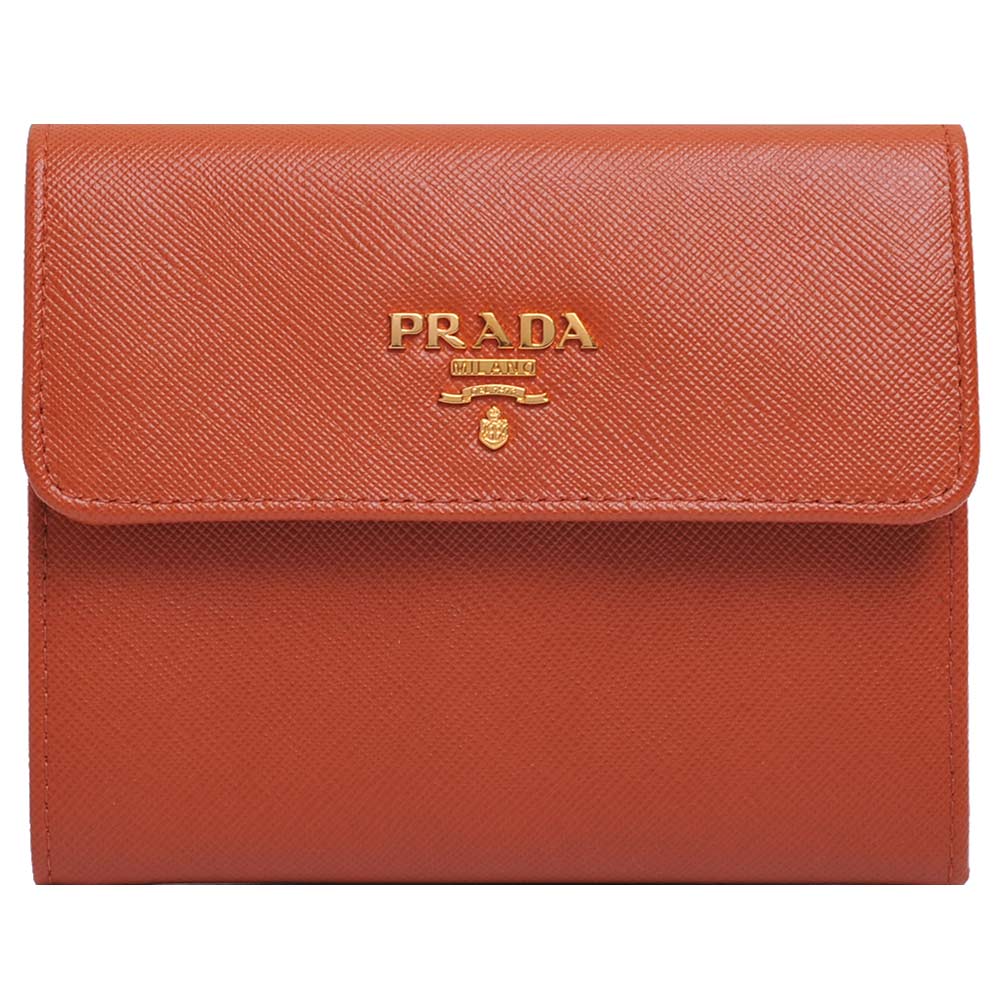 PRADA SAFFIANO METAL 金字logo 三折零錢中夾(橘色)