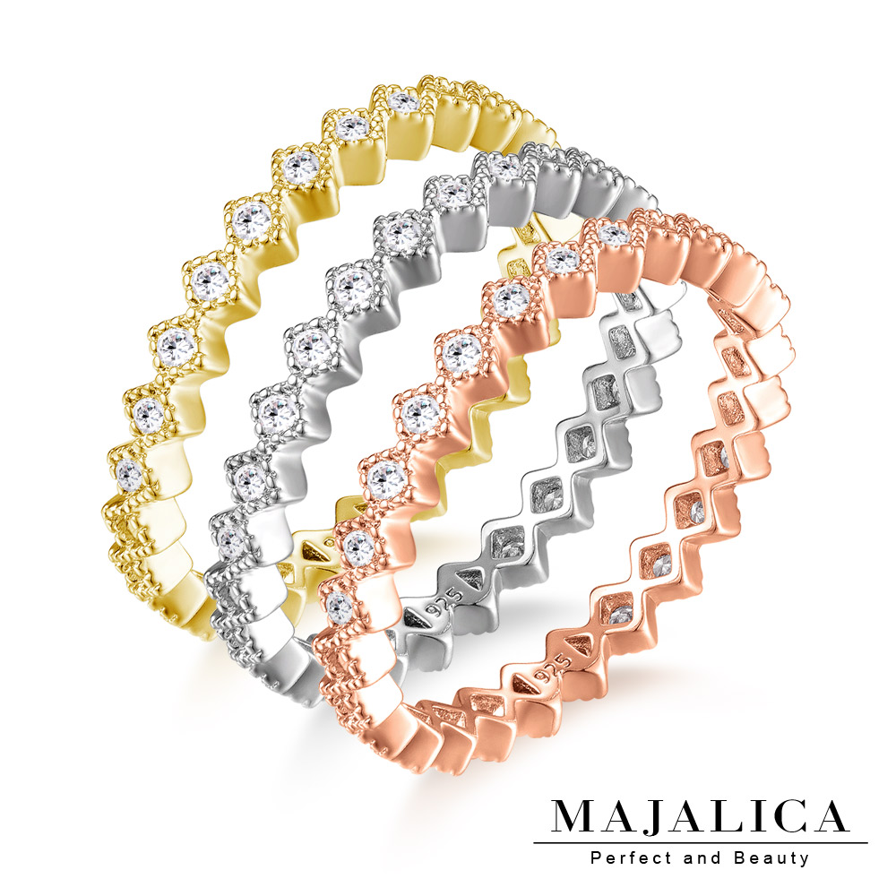 Majalica純銀戒指 菱形造型線戒尾戒鑲鑽單只戒-共3色