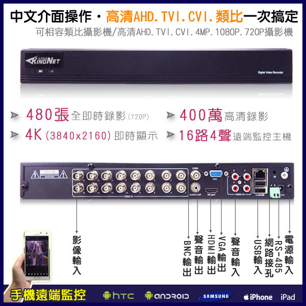 監視器攝影機 - KINGNET 1440P 台灣精品 16路4聲DVR 網路型監控主機