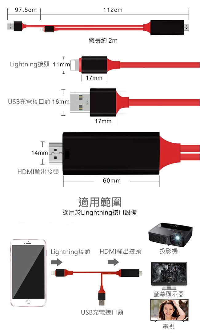 【ONTEN】Lightning轉HDMI高品質數位影音轉接線2M隨插即用(OT-7575