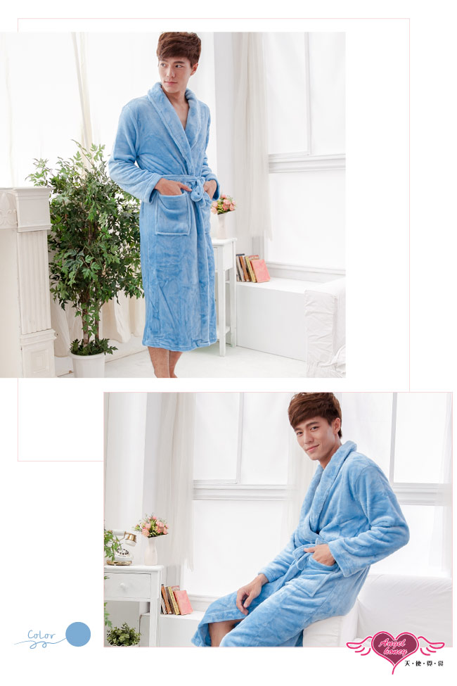 天使霓裳 法式甜心 柔軟珊瑚絨綁帶睡袍 浴袍(淺藍F)