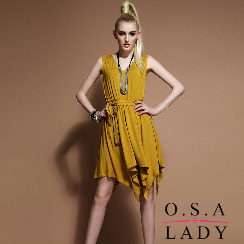 皺褶腰綁帶不規則無袖洋裝 (黃色)-O.S.A LADY