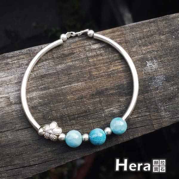 Hera 925純銀手作天然拉利瑪石圓珠梅花手環/手鍊