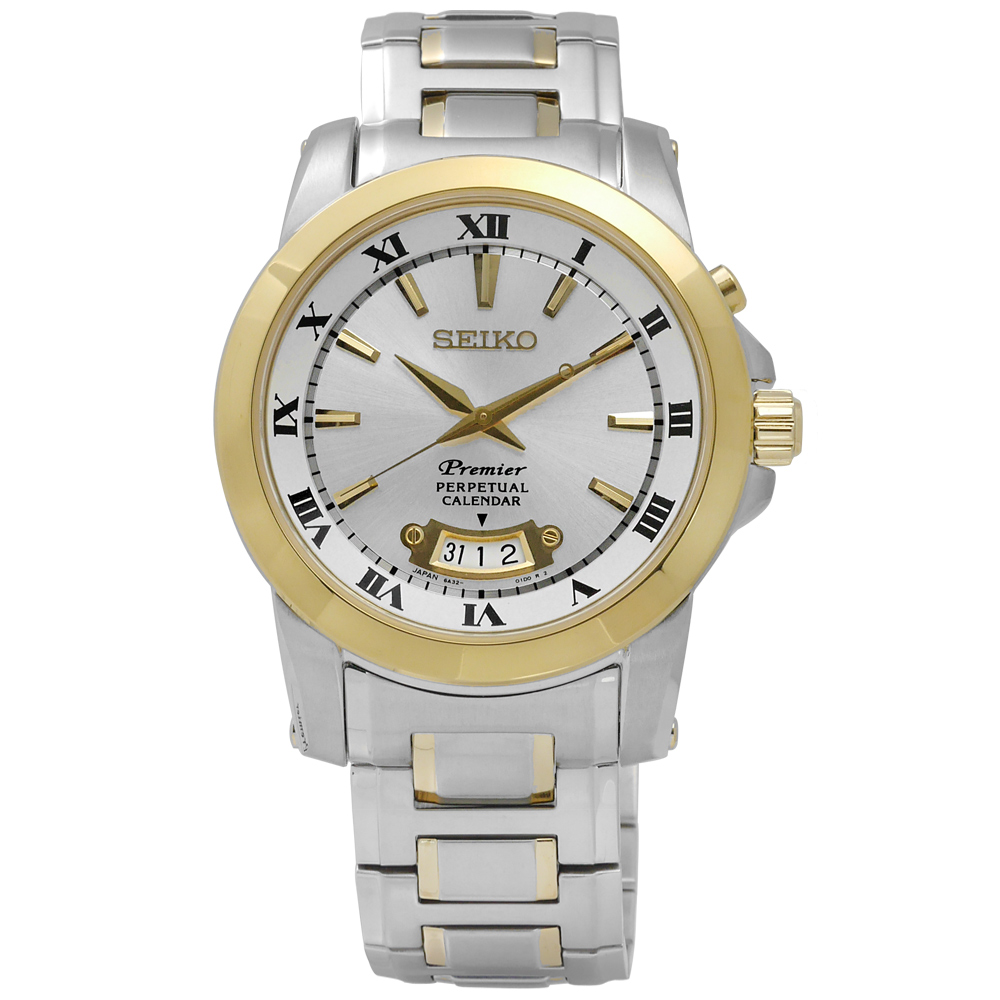 SEIKO Premier典藏品味羅馬萬年曆腕錶(SNQ148J1)-銀x金框/42mm