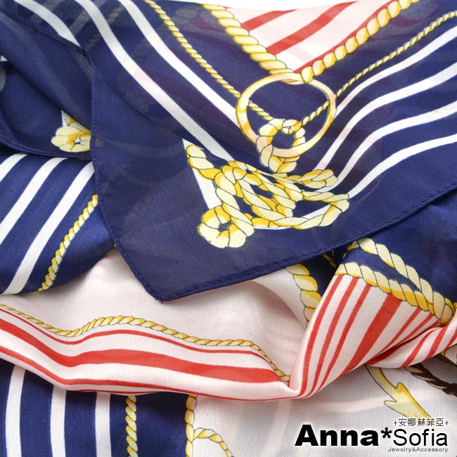 AnnaSofia 航海舵錨 亮緞面仿絲披肩絲巾圍巾(深藍系)