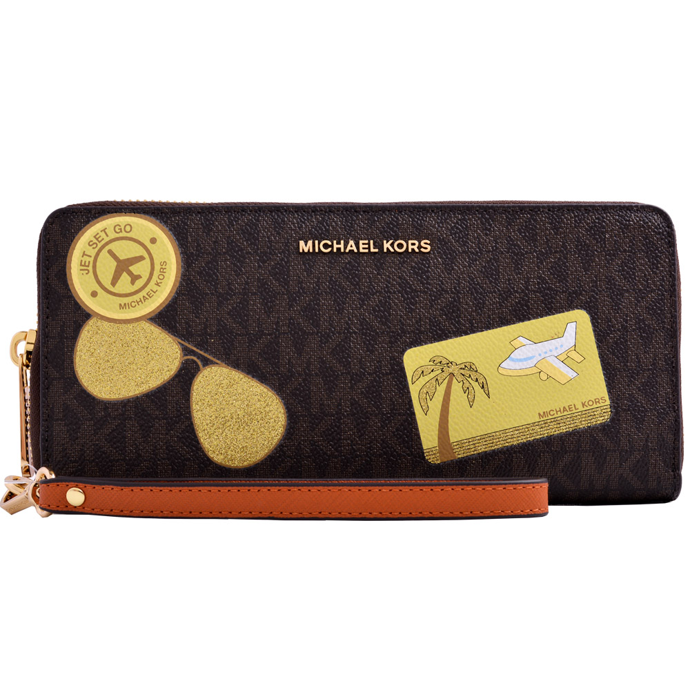 MICHAEL KORS Illustrations滿版飛行度假防刮皮革手拿長夾-咖啡