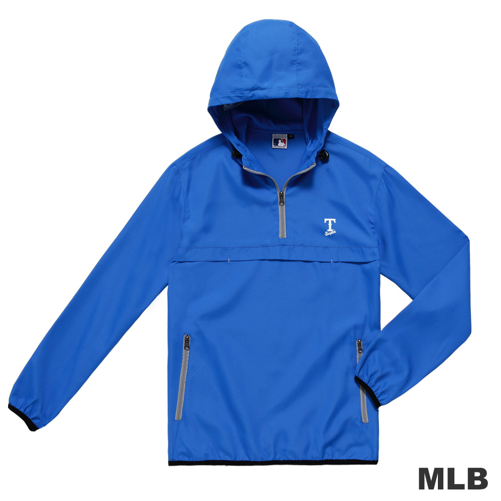 MLB-德州遊騎兵隊雙側拉鍊口袋連帽防風長T-藍色(男)