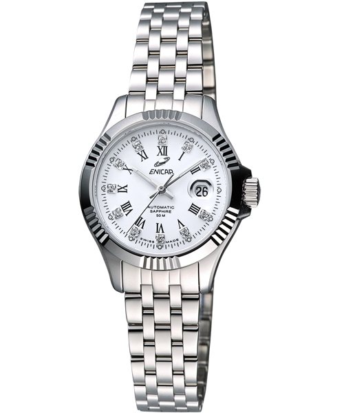 ENICAR 英納格 自動系列璀燦晶鑽機械女錶-白/28mm