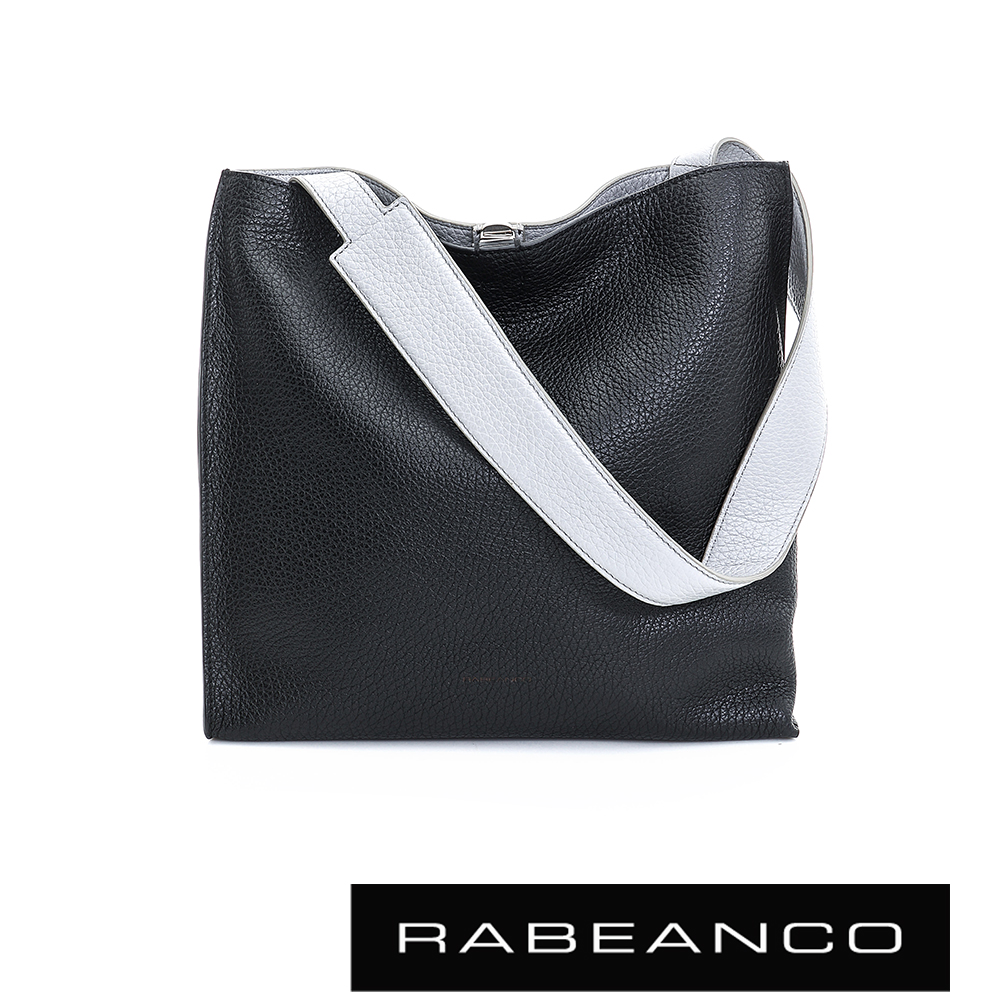 RABEANCO 時尚簡約牛皮寬肩帶設計方形包 -鋼琴黑