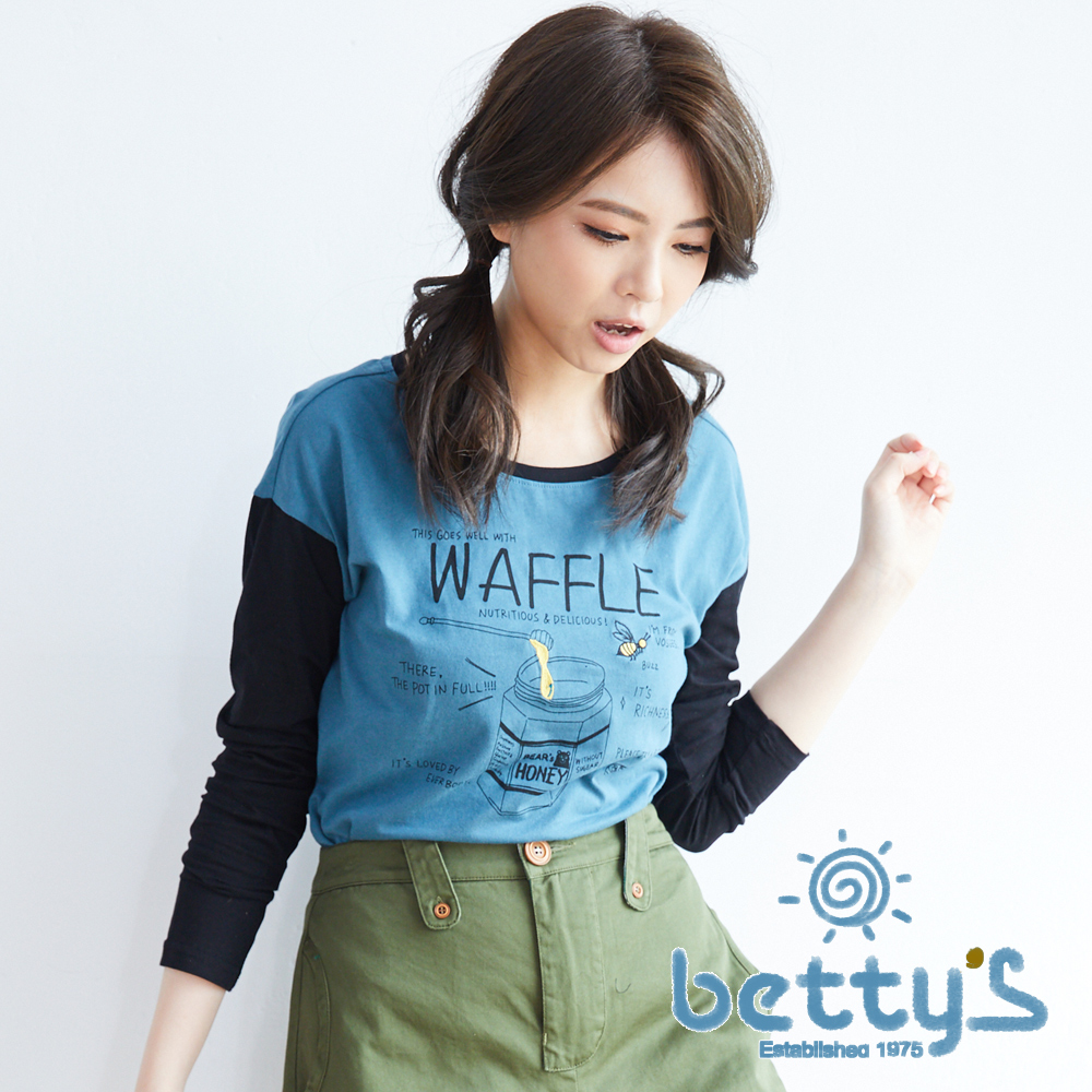 betty’s貝蒂思　可愛蜂蜜插圖刺繡雙色長袖T-shirt(藍綠色)