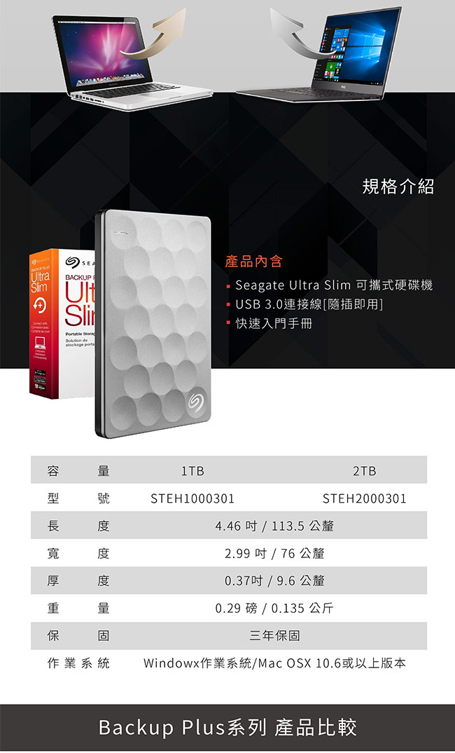 Seagate Backup Plus Ultra Slim 1TB 2.5吋行動碟-白金