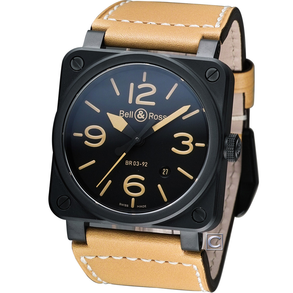 Bell & Ross 飛鷹戰士自動機械陶瓷腕錶-黑x駝色/42mm