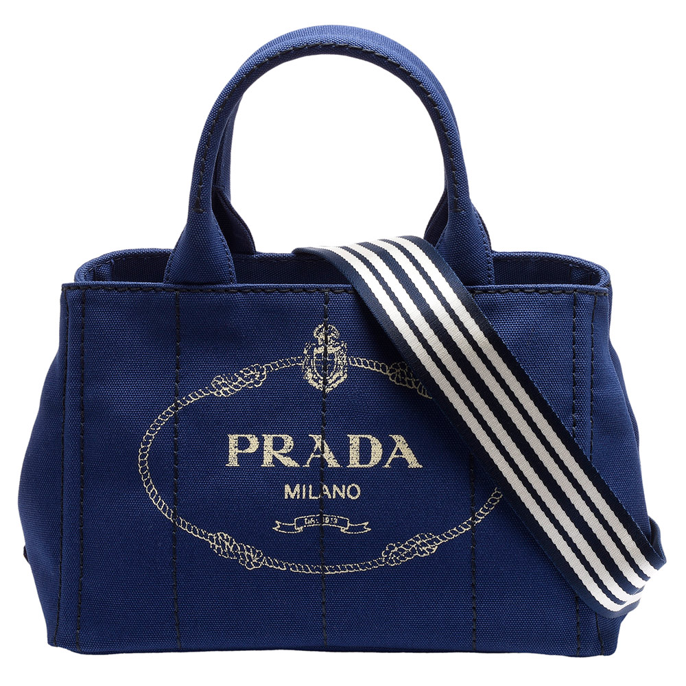 PRADA CANAPA金色三角LOGO帆布縫線造型條紋背帶手提斜背包(藏藍)
