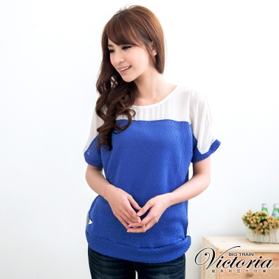 Victoria 連肩袖配色仿線衫上衣-女-藍