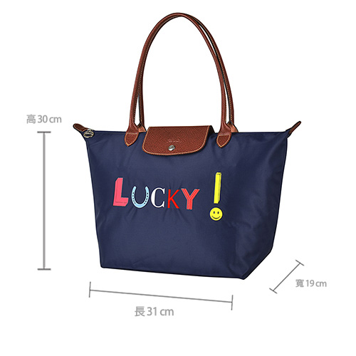 LONGCHAMP Le Pliage系列LUCKY刺繡印花尼龍長提把肩背包(大/海軍藍)