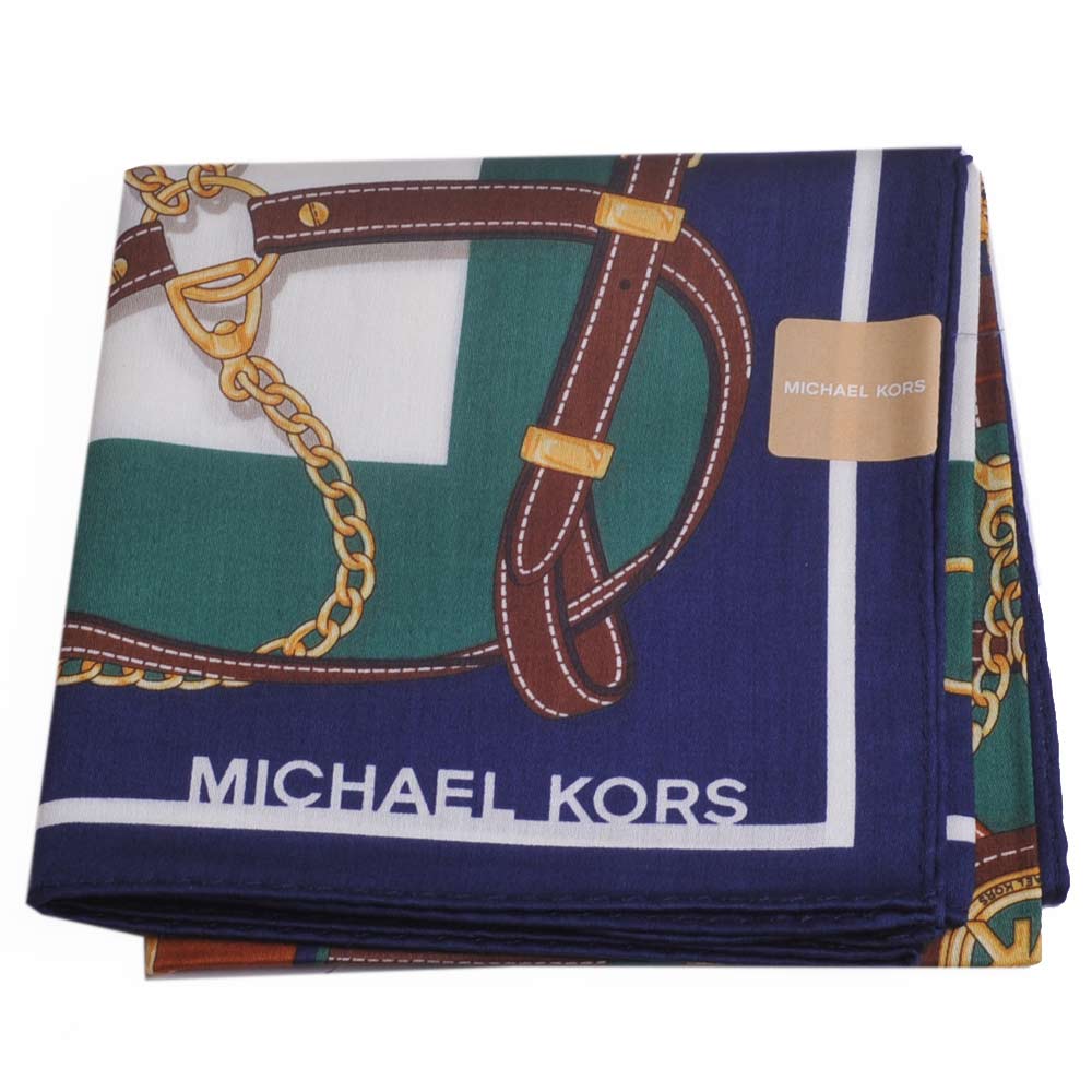 MICHAEL KORS品牌字母LOGO皮穿鍊圖騰帕領巾(藍底)