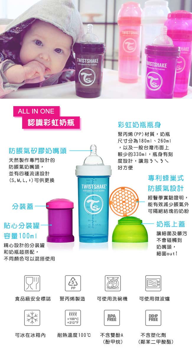 瑞典時尚 彩虹奶瓶 / 防脹氣奶瓶260ml / 奶嘴口徑0.5mm(多色可選)