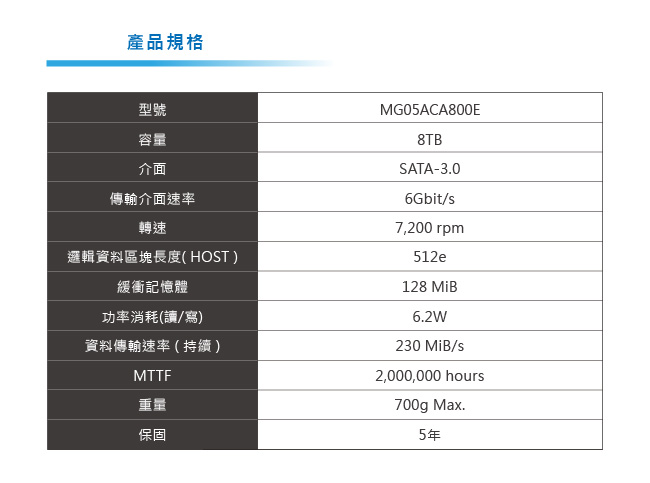 TOSHIBA 3.5吋 8TB 7200RPM/128MiB SATA3 企業級硬碟