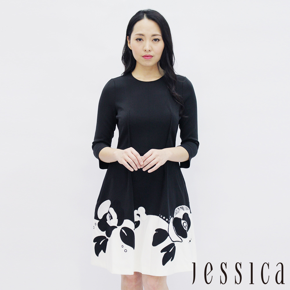 JESSICA - 經典雙色花卉設計修身洋裝