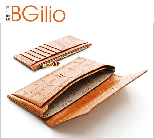 義大利BGilio - 鱷魚紋牛皮西式信封長夾(活動內夾層)-駝色1453.328