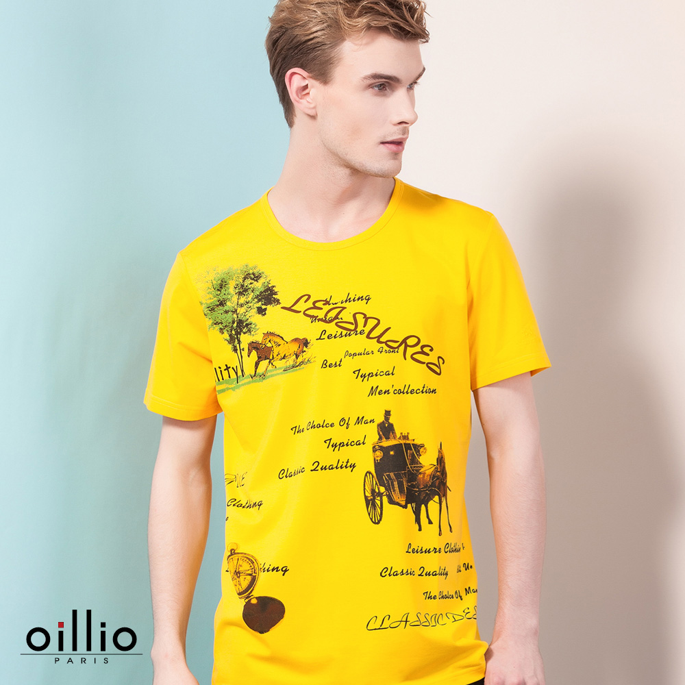 歐洲貴族oillio 短袖T恤 文字馬車 天絲棉布料 黃色