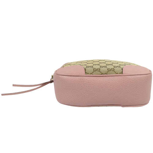 GUCCI 經典雙G緹花皮飾邊斜背小方包.駝/粉邊