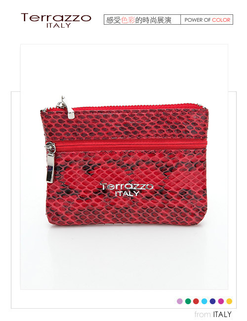 義大利Terrazzo - 時尚蛇皮雙層零錢鑰匙包-紅色73S1997A
