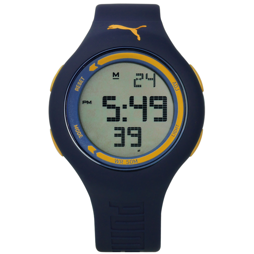 PUMA 螢光路跑運動電子橡膠手錶 -深藍色/44mm