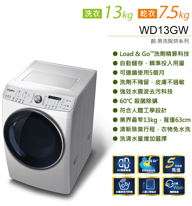 Whirlpool惠而浦 13KG 變頻滾筒洗脫烘洗衣機 WD13GW