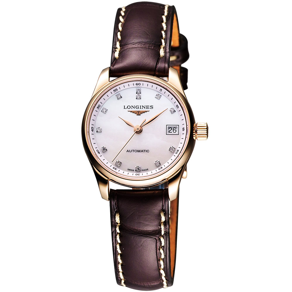 LONGINES 浪琴 官方授權 巨擘系列真鑽18K玫塊金機械腕錶-29mm L2.257.8.87.3