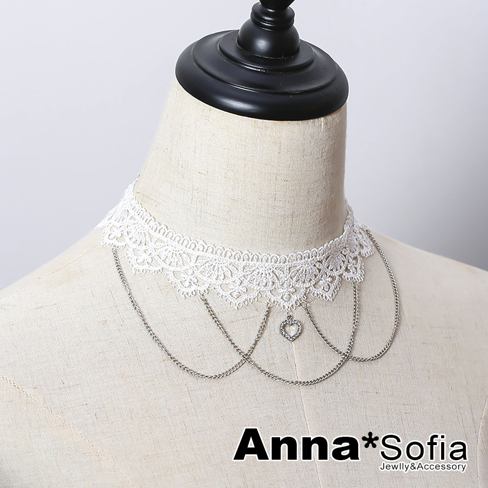 AnnaSofia 甜心層次垂鍊蕾絲 鎖骨單層頸鍊CHOKER(白系)