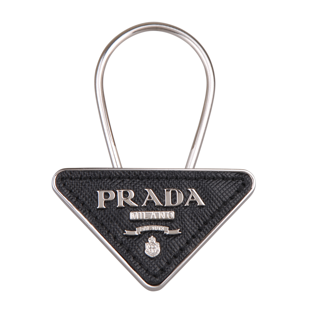 PRADA 經典三角鐵牌防刮牛皮鑰匙圈(黑)