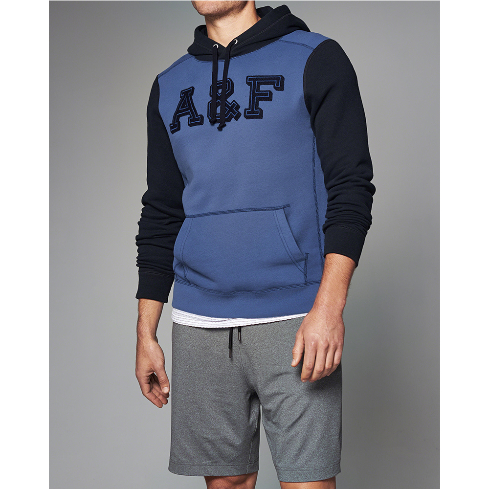 A&F 經典刺繡文字時尚撞色連帽T恤-藍色 AF Abercrombie