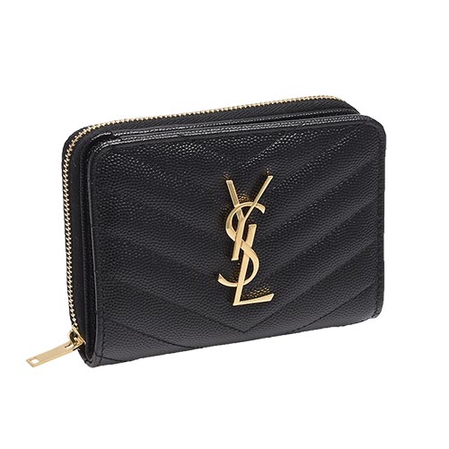 YSL MONOGRAM系列V字縫線魚子醬牛皮金色LOGO暗釦對折短夾(黑)