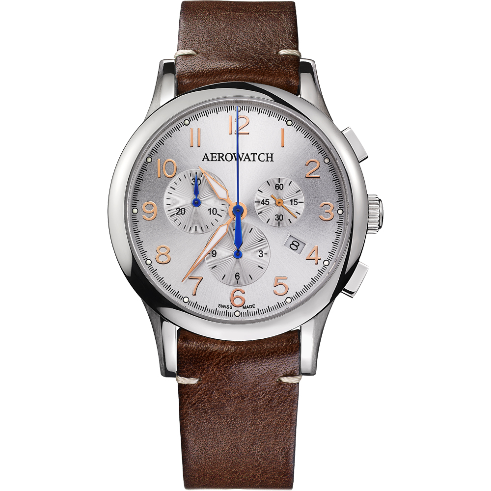 AEROWATCH Grace優雅風範三眼計時腕錶-銀x咖啡/42mm
