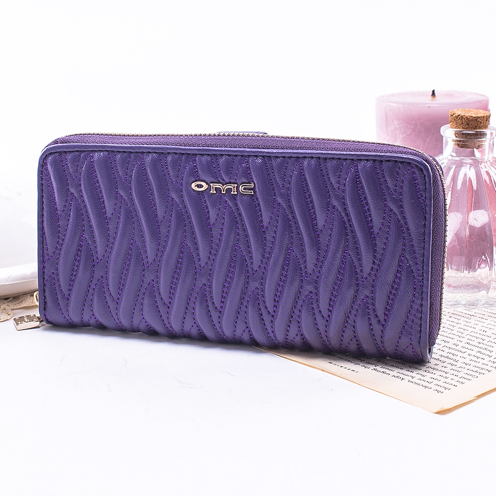 OMC - 韓國專櫃立體抓皺感單拉鍊多卡真皮長夾-時尚紫