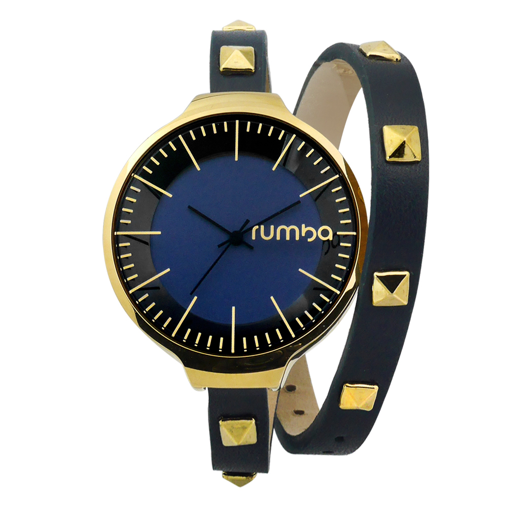 RumbaTime Orchard 鉚釘造型雙層環繞式皮革手錶-藍黑x金框 /36mm