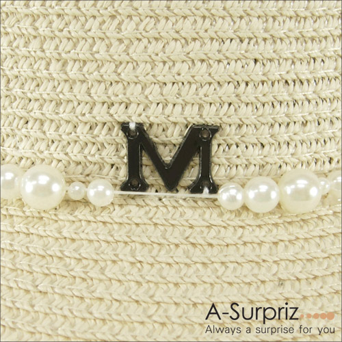 A-Surpriz 珍珠環繞M字鬚邊草帽(卡其)