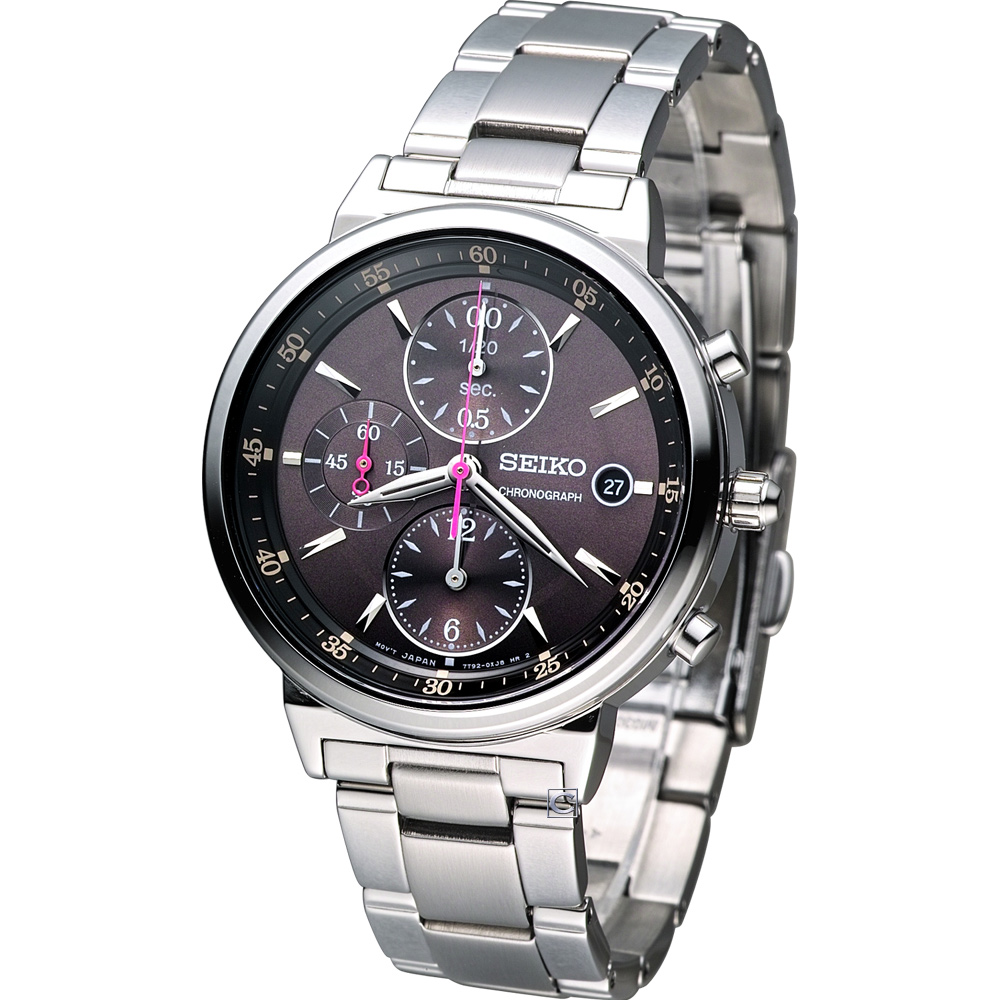 SEIKO 時尚混搭 計時腕錶-咖啡紫/36mm