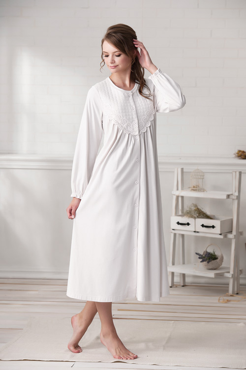 羅絲美睡衣 - 溫柔記憶長袖洋裝睡衣(純白色)