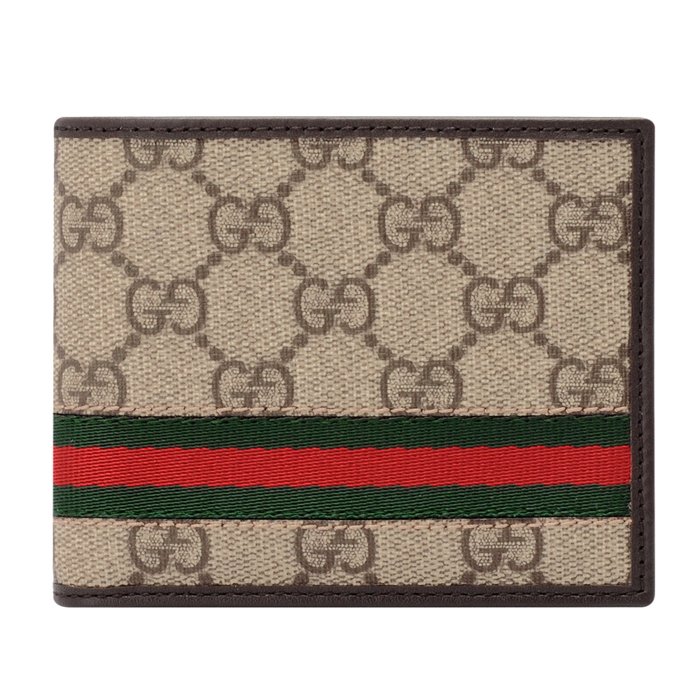 GUCCI 經典GG PLUS綠紅綠織帶牛皮飾邊零錢袋對折短夾(咖啡)
