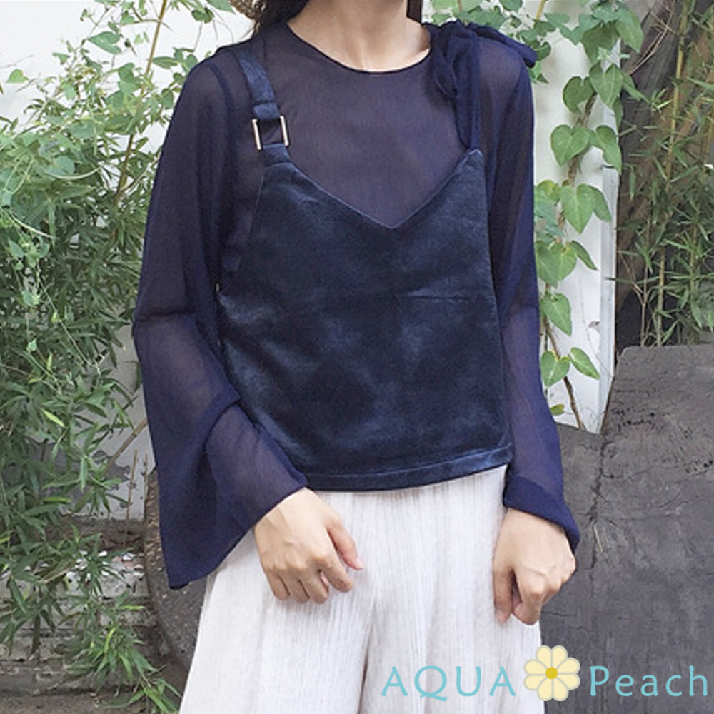麂皮絨吊帶背心+薄紗兩件式上衣 (藍色)-AQUA Peach