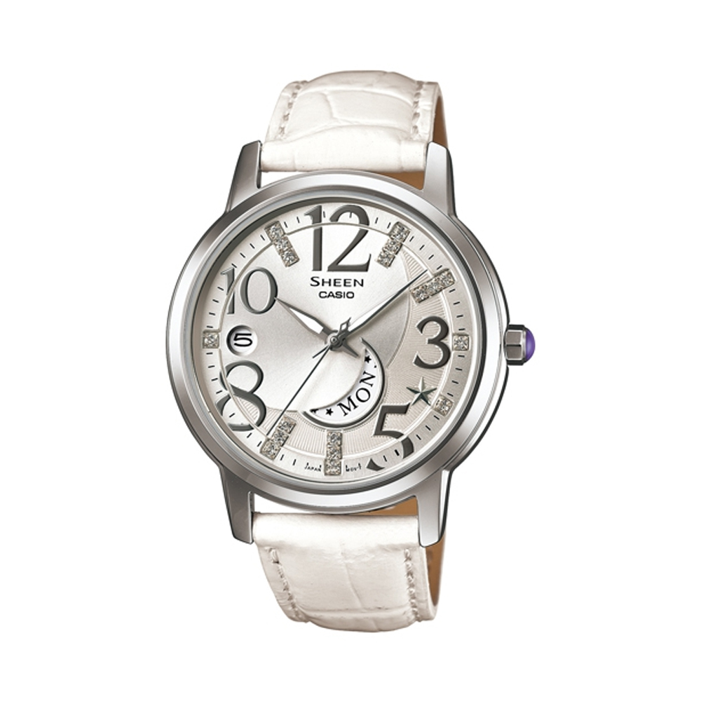 SHEEN SWAROVSKI夢幻上弦月皮帶指針腕錶(SHE-4028L-7A)-白/37mm