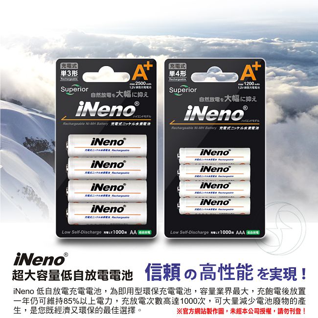 iNeno LED四插槽充電器＋3號.4號低自放鎳氫充電電池各4入